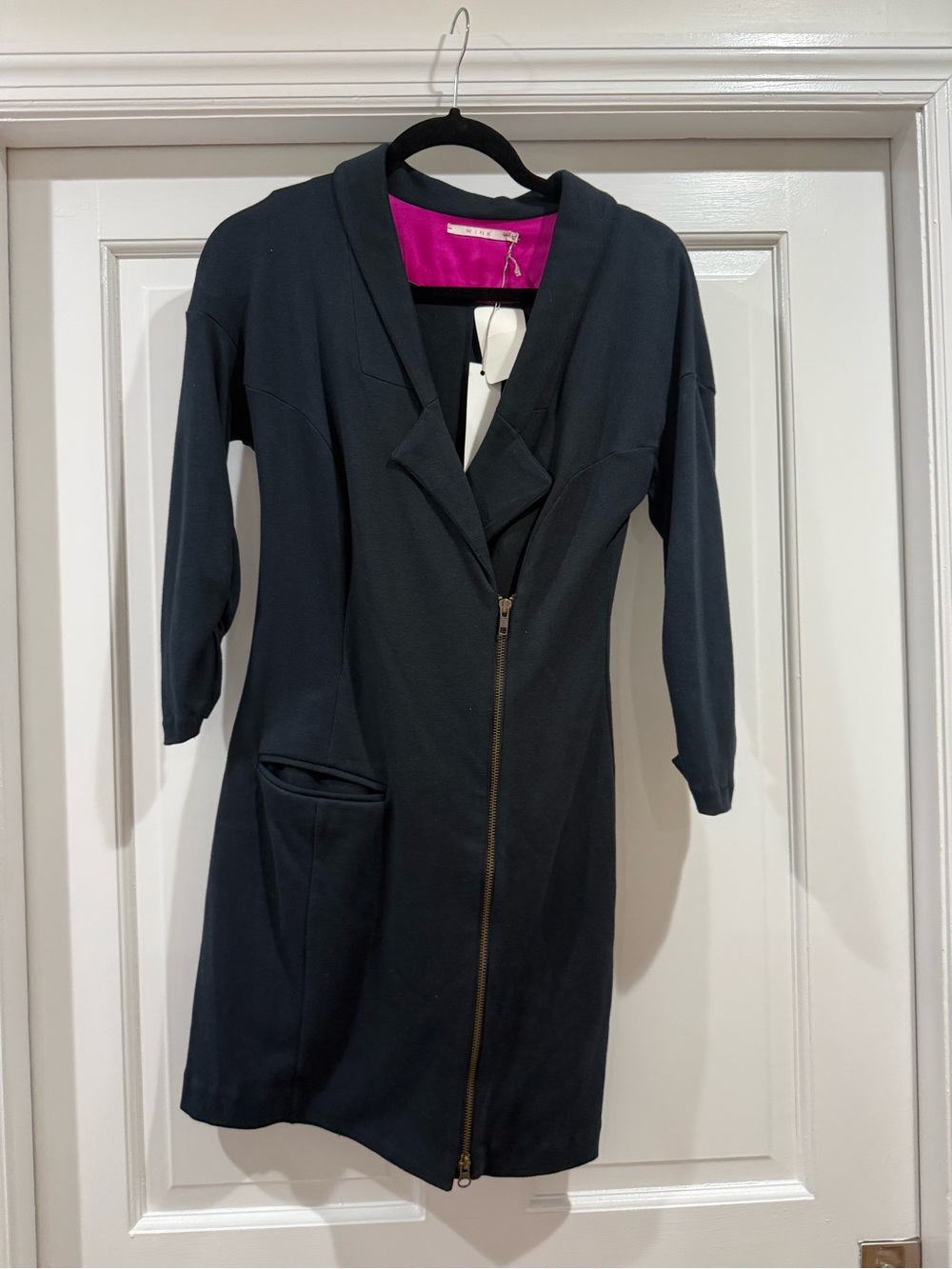 Wink Black Long-Sleeve Zip Dress with Pink Lining small